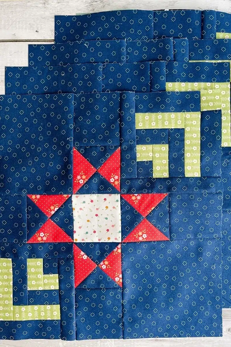 4 Ohio Star blocks with half log cabin corners for month 2 of the Moonbeams quilt along