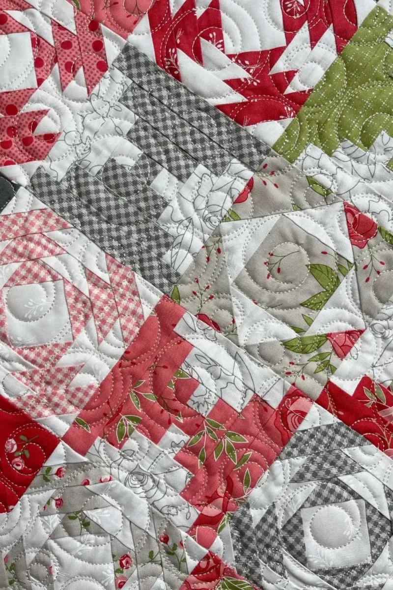 Close up of the quilting on Petit Four foundation paper pieced quilt. Twirl pantograph by Urban Elementz.