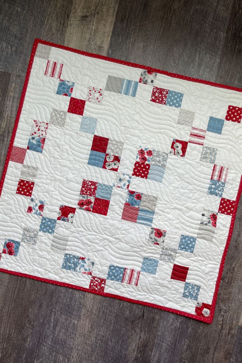 Patriotic mini charm pack project using red white and blue fabrics.