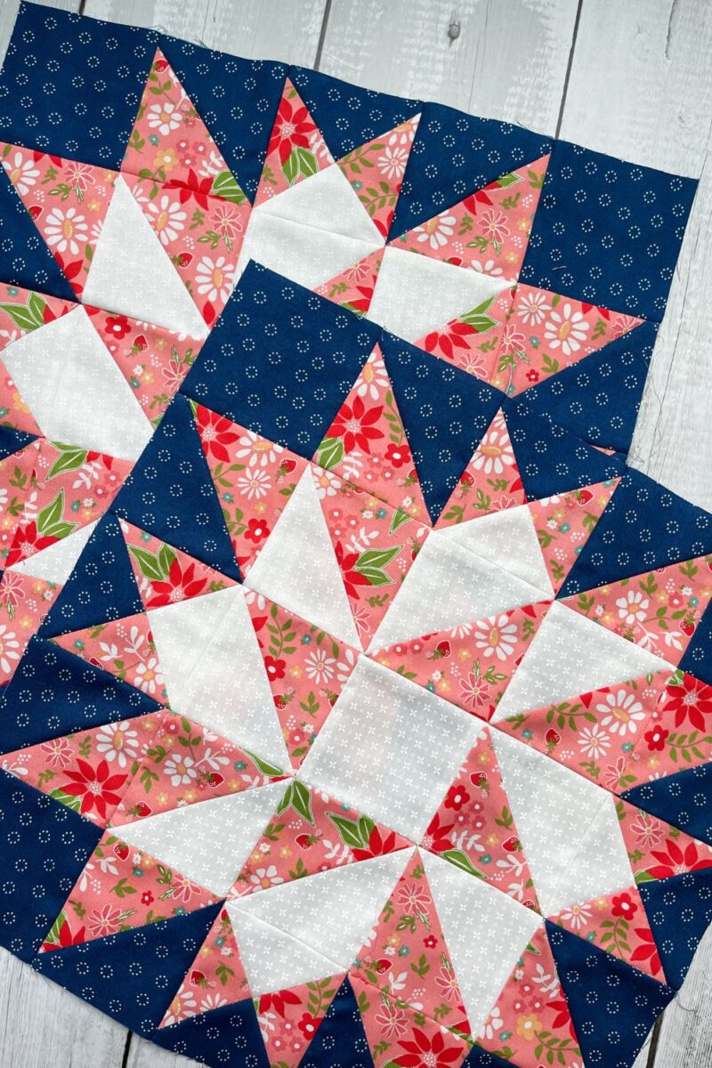 Two Wishing Star quilt blocks for the Moonbeams quilt along using the Strawberry Lemonade fabric collection
