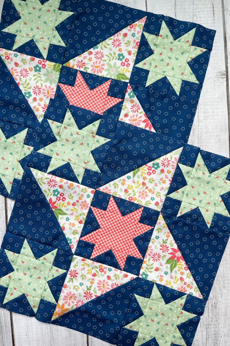 two Friendship Star quilt blocks made with half square triangles, and 8 point star quilt blocks.