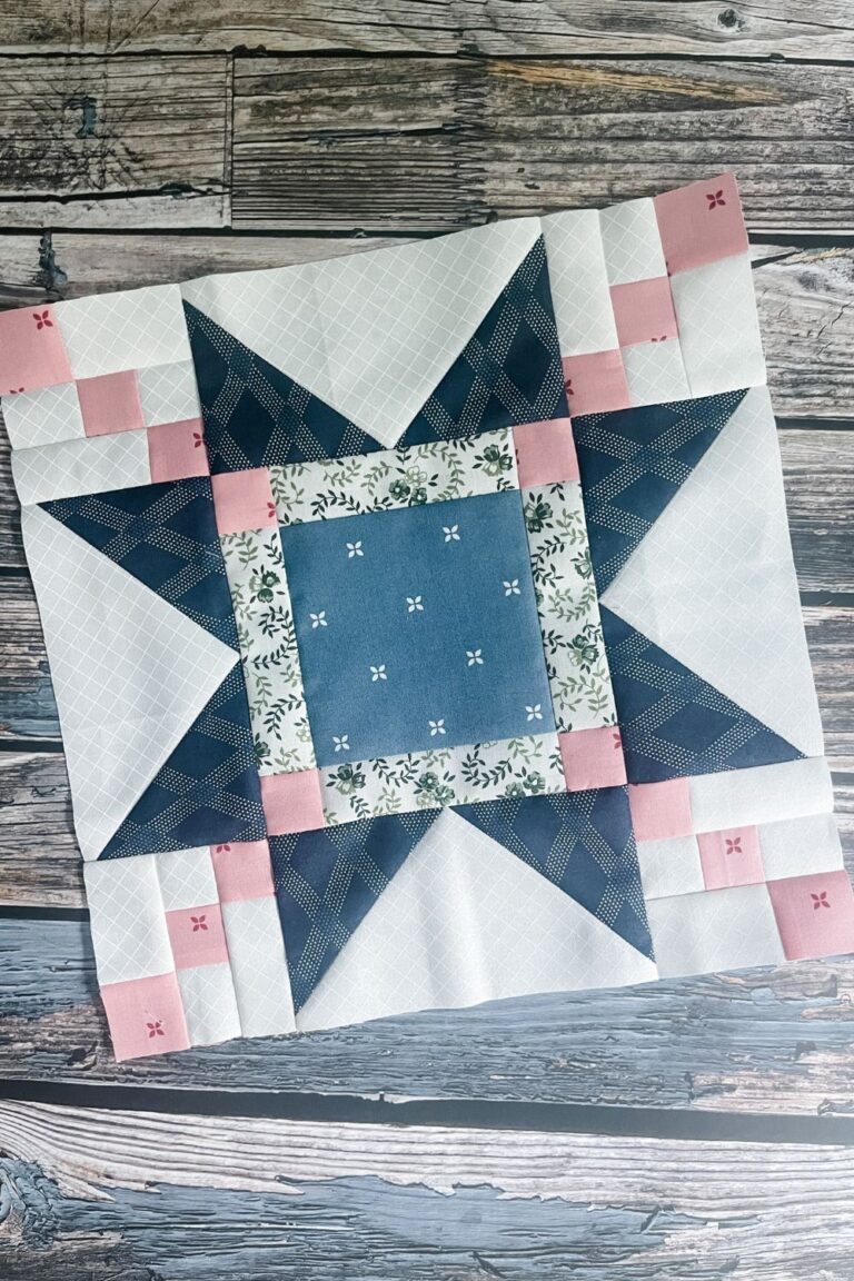 Nine patch corners and flying geese side units surround a picture framed center quilt block to make the Aster Block