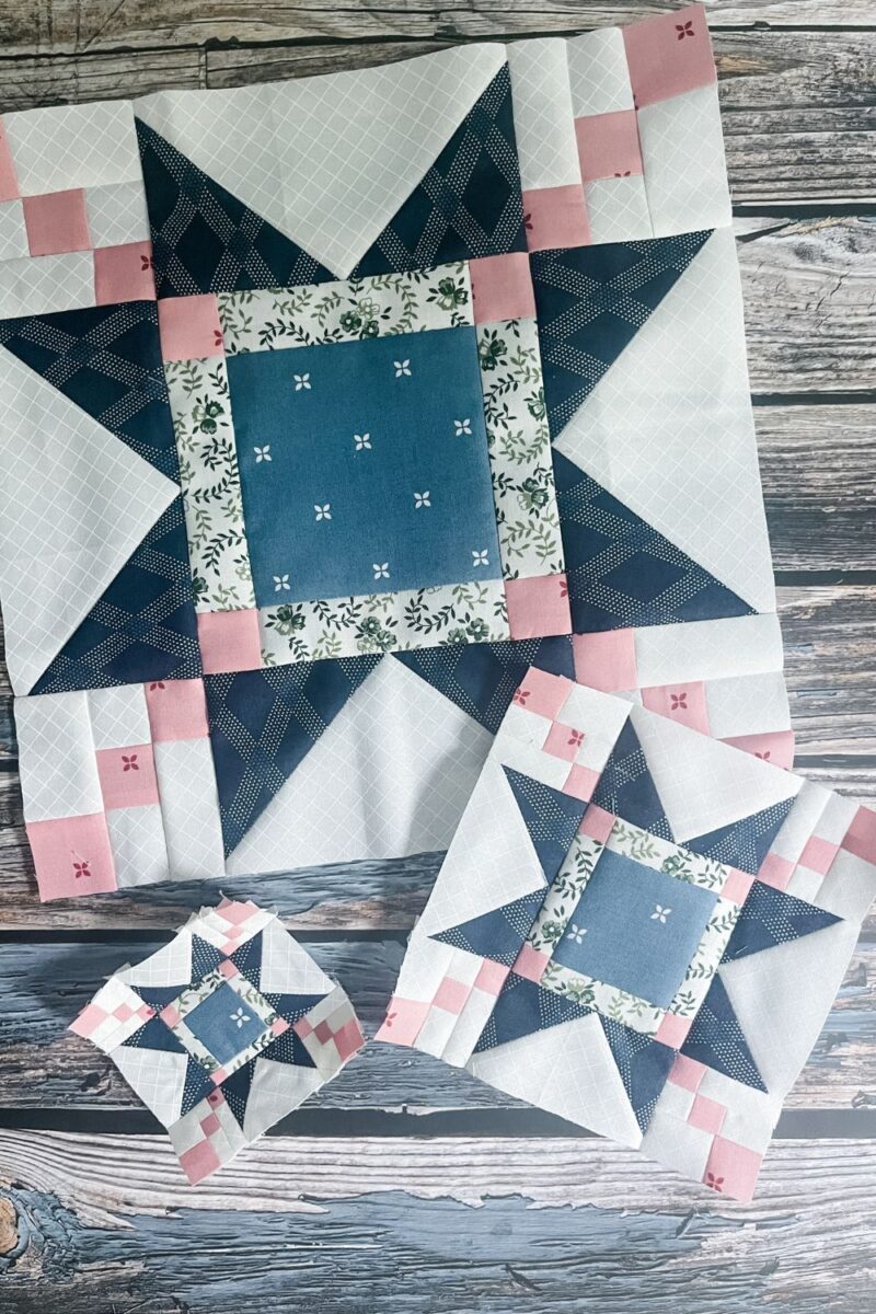 The Aster quilt block for Designer Mystery Month 12 in three different sizes