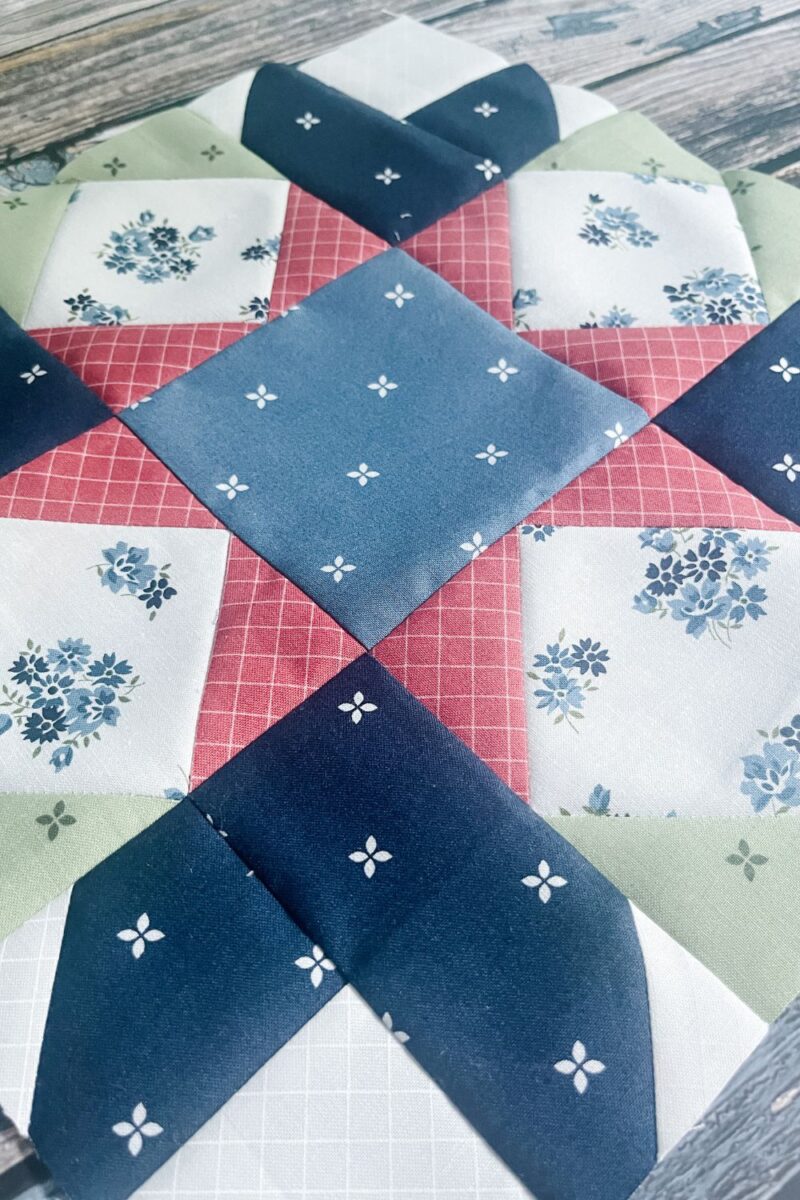 Close up of the daffodil quilt block from the corner