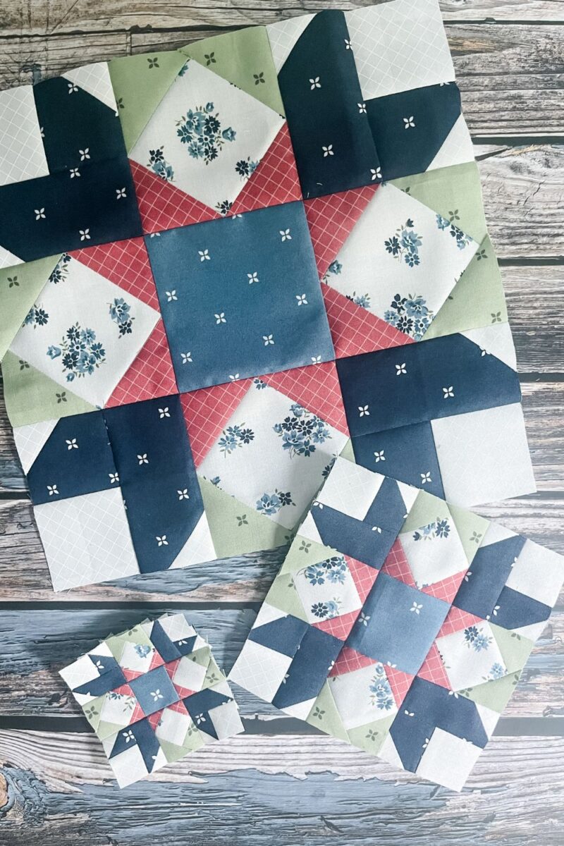 The Daffodil quilt block in three different quilt block sizes.