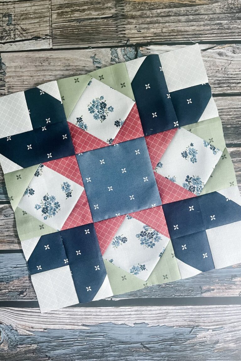 The Daffodil quilt block in the Dwell fabric collection for Designer Mystery quilt along 2023