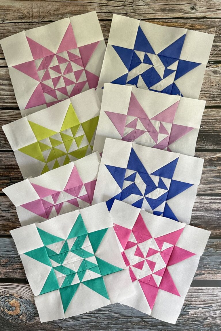 Twilight Stars quilt along blocks for the month of April. There are 8 quilt blocks: 2 per week