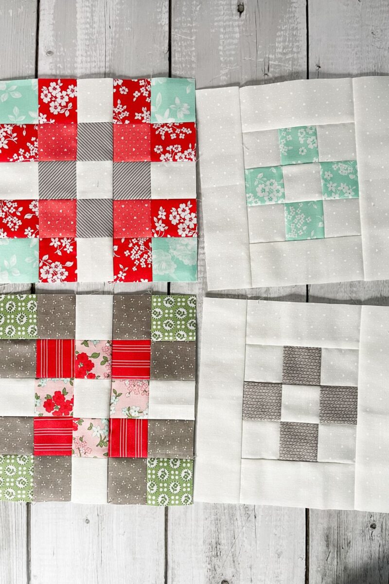 4 quilt blocks for the Shine Bright Sampler quilt along. Two are nine patch blocks and two are plaid blocks