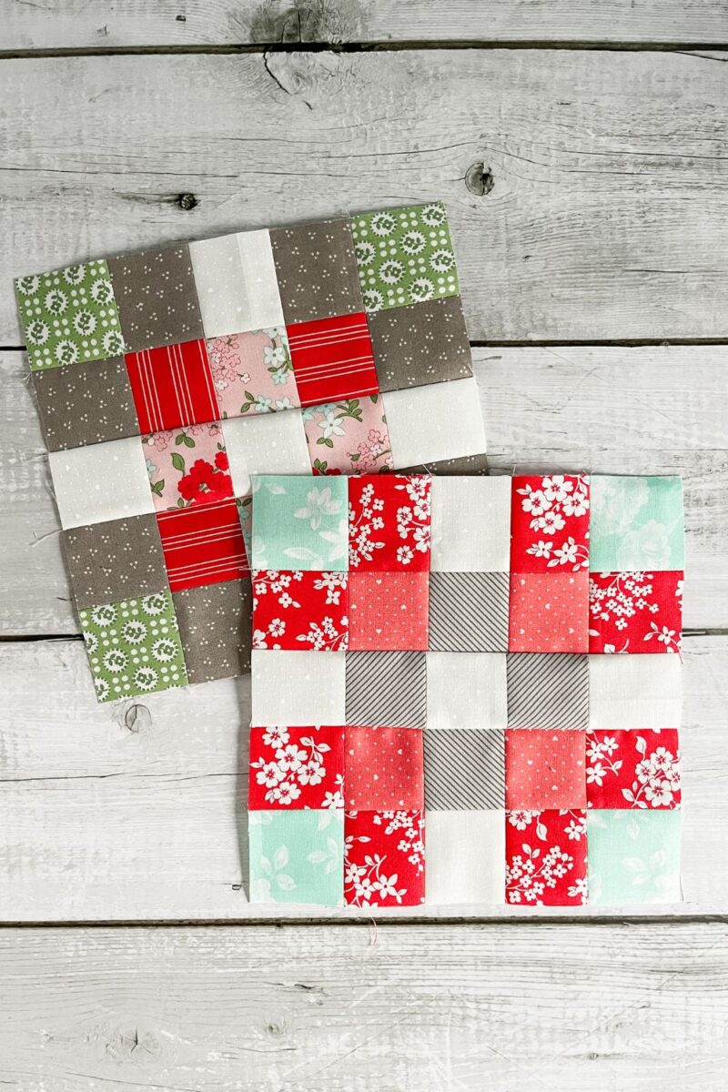 Two quilt blocks made in a 25 patch design to look like a plaid pattern.