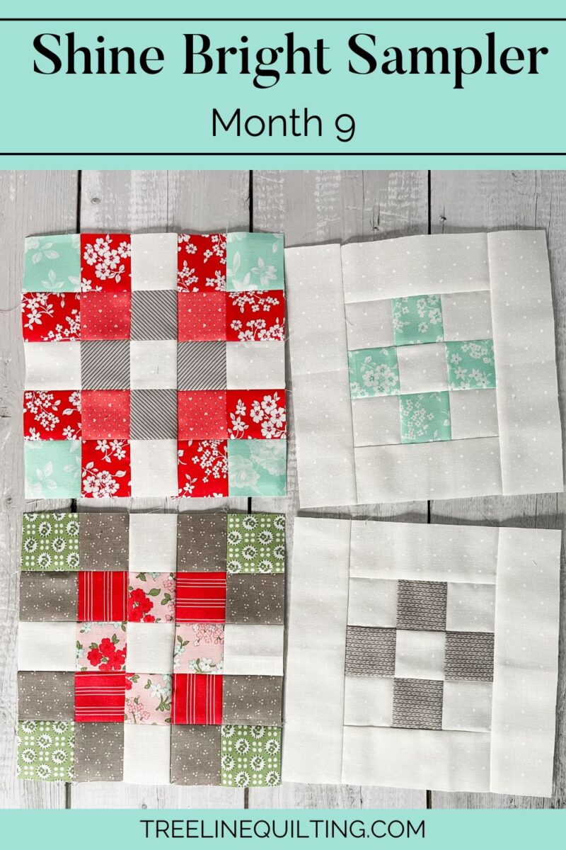 Shine Bright Sampler month 9 cover image with four quilt blocks for the Shine Bright Sampler quilt.