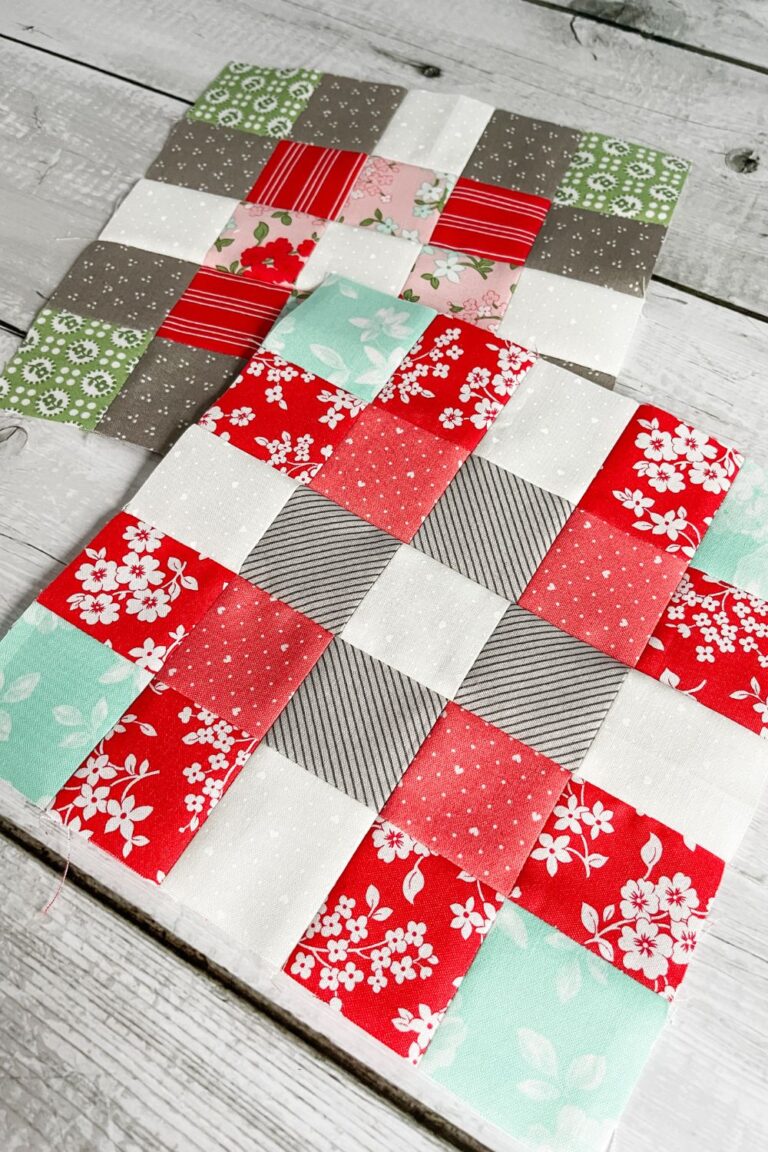 Plaid quilt block made with Lighthearted fabrics one in pink, grey, red, and aqua, The other in grey, green, pink and red.