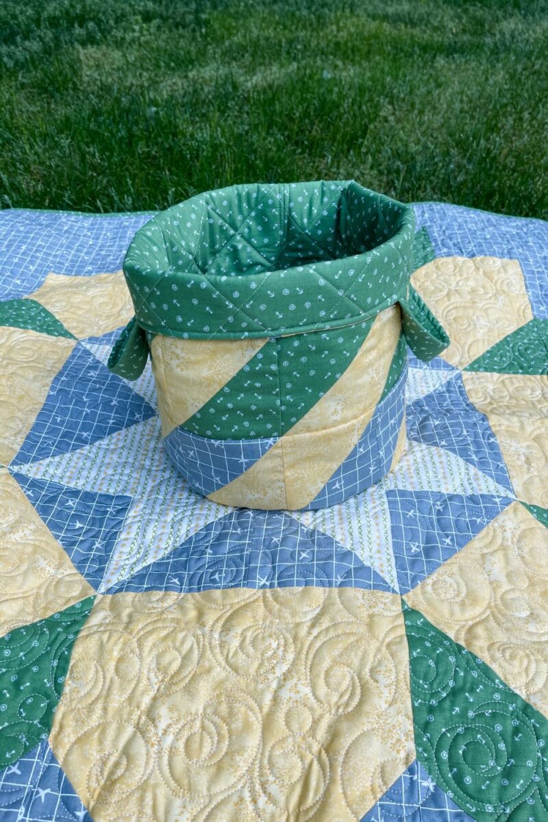 Fabric basket made with scraps from the original Swoon quilt.