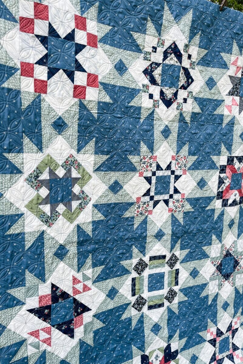 An angled view of the finished quilt
