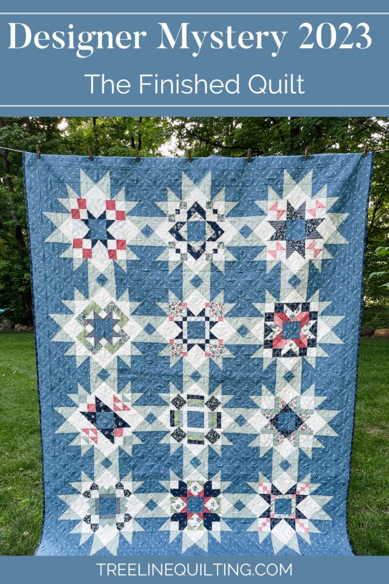 Cover image for the finished Designer Mystery 2023 block of the month quilt along.