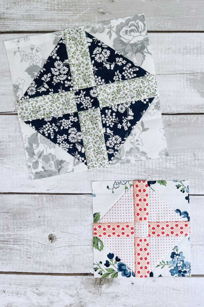 Two Texas Puzzle Quilt blocks made with Camille Roskelley fabrics