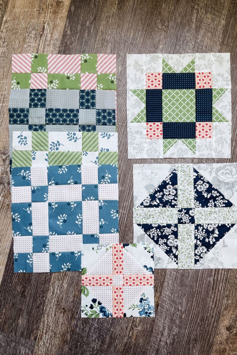 The 7 quilt blocks made for Piece and Quilt Sampler month 5