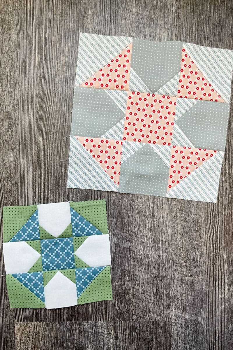 Two Dandy Star quilt blocks in 6 inch and 9 inch sizes