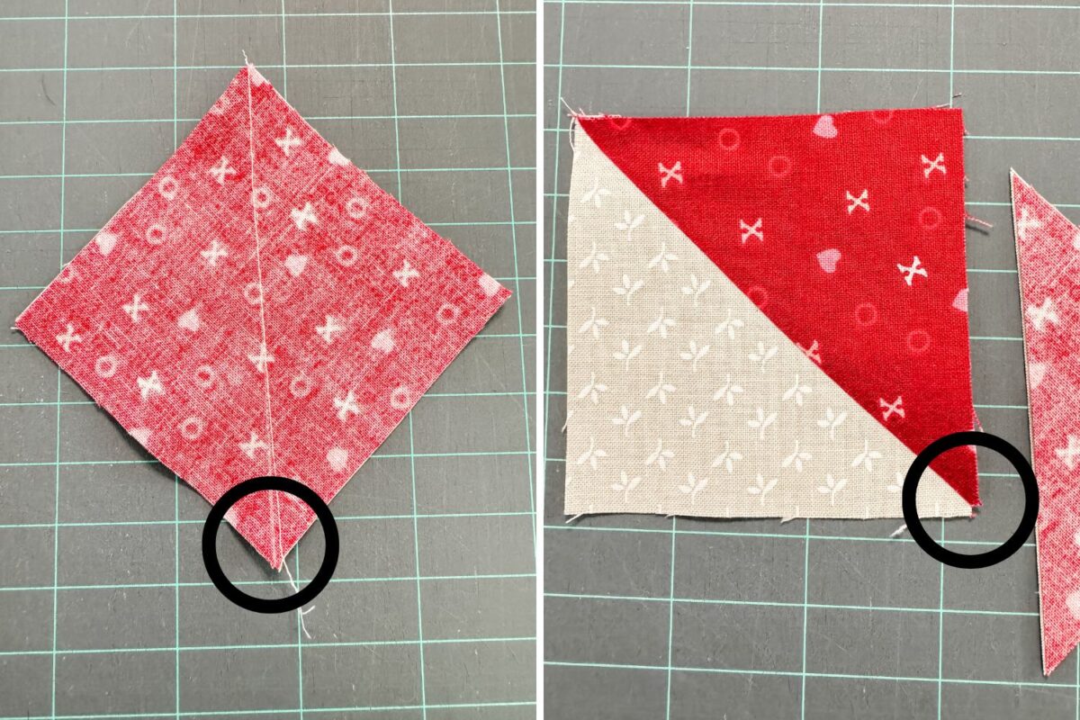Mistake made by not stitching exactly on the line results in an imperfect half square triangle unit.