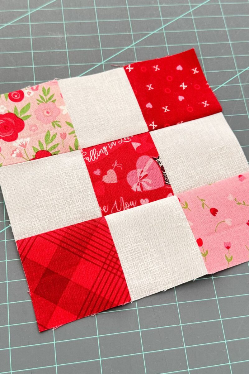 A completed Nine Patch quilt block