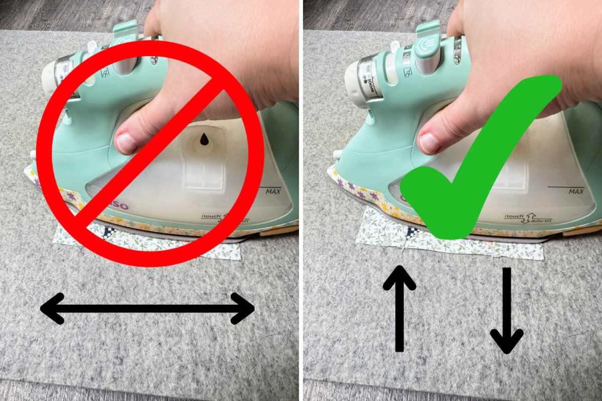 The proper way to press fabric by lifting the iron and moving it up and down instead of sliding it on the fabric left to right.