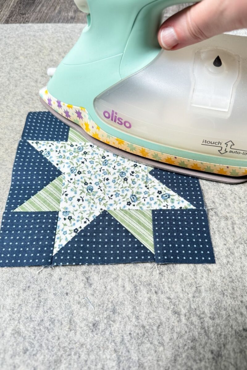 Pressing a quilt block from the front will help achieve flatter seams