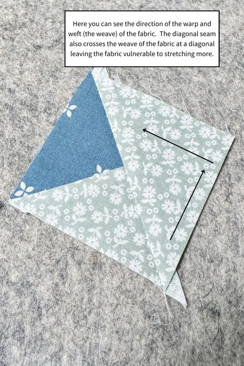 Diagonal seams in quilting are vulnerable to stretching