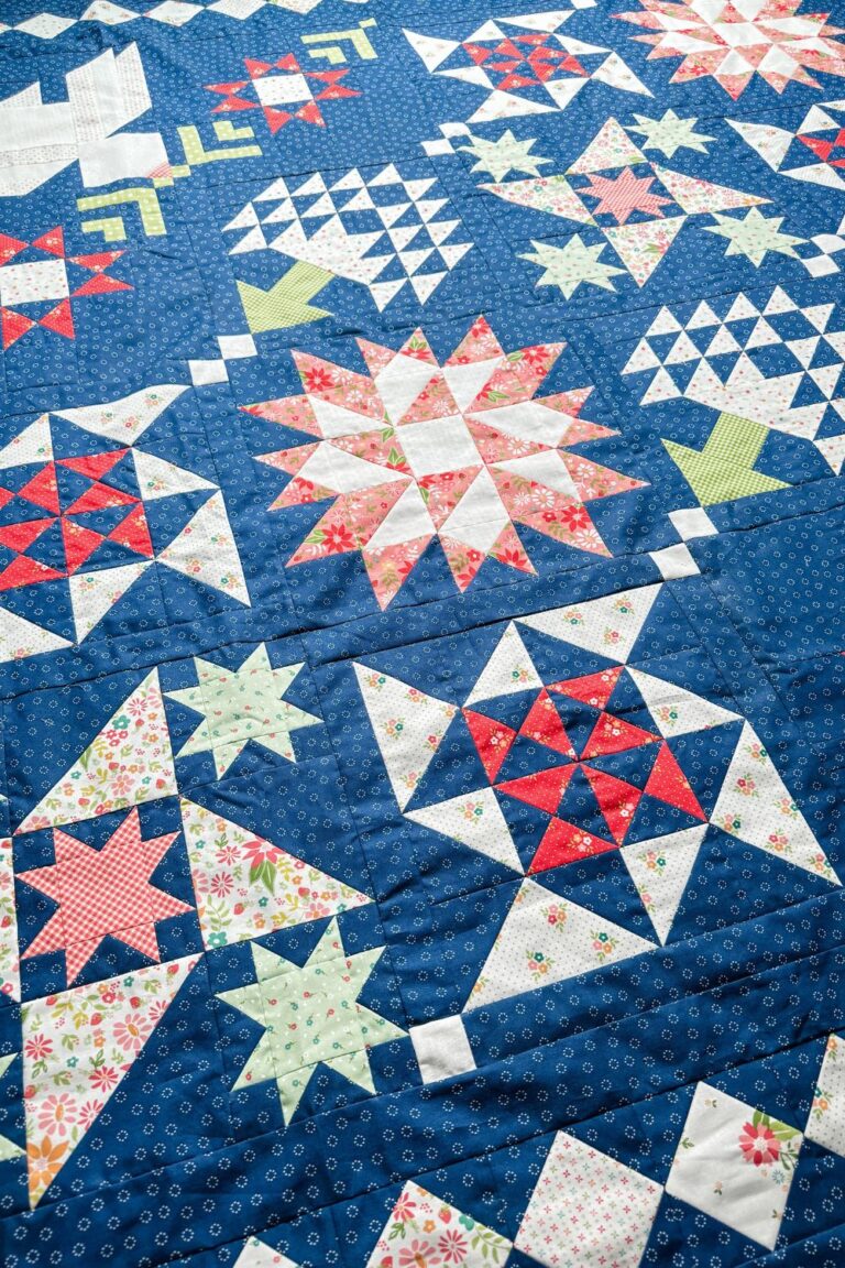 The finished quilt top for the Moonbeams quilt along with Fat Quarter Shop to benefit Make a Wish Foundation.