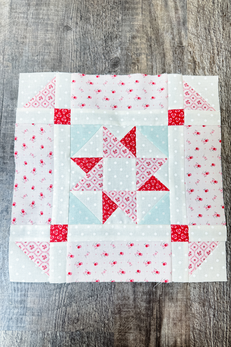 The Token of Love quilt block in My Summer House fabrics designed by Anne Sutton of Bunny Hill Designs.