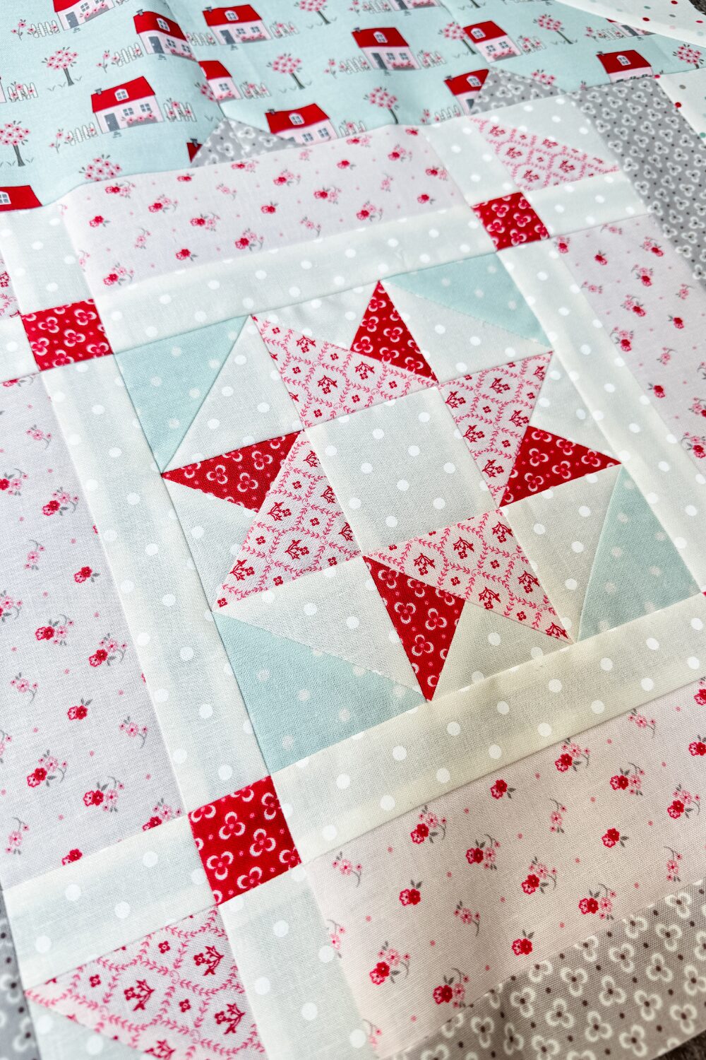 Close up view of the Token of Love quilt block designed by Chelsi Stratton.