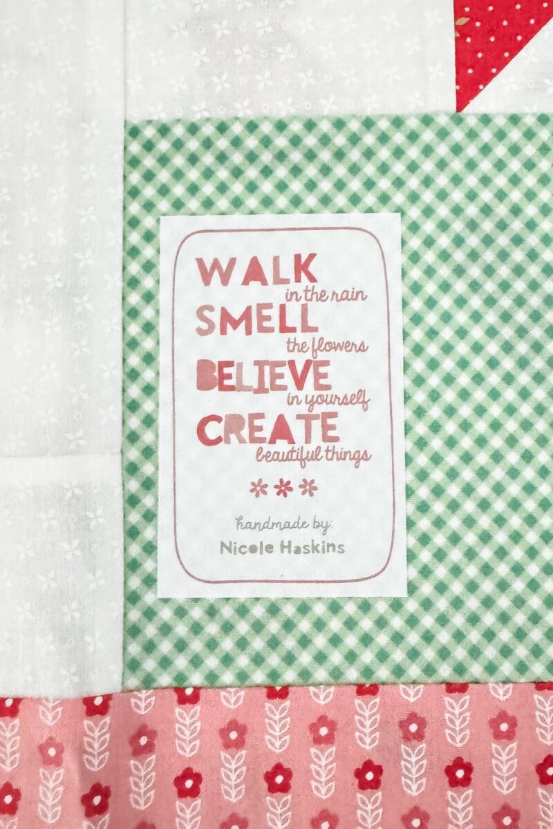 Quilt label from Sweetwater Label club on the back of the Moonbeams quilt.