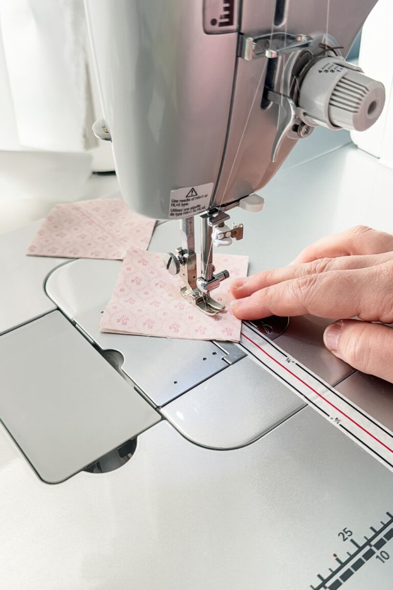 Chain piecing half square triangle blocks two at a time