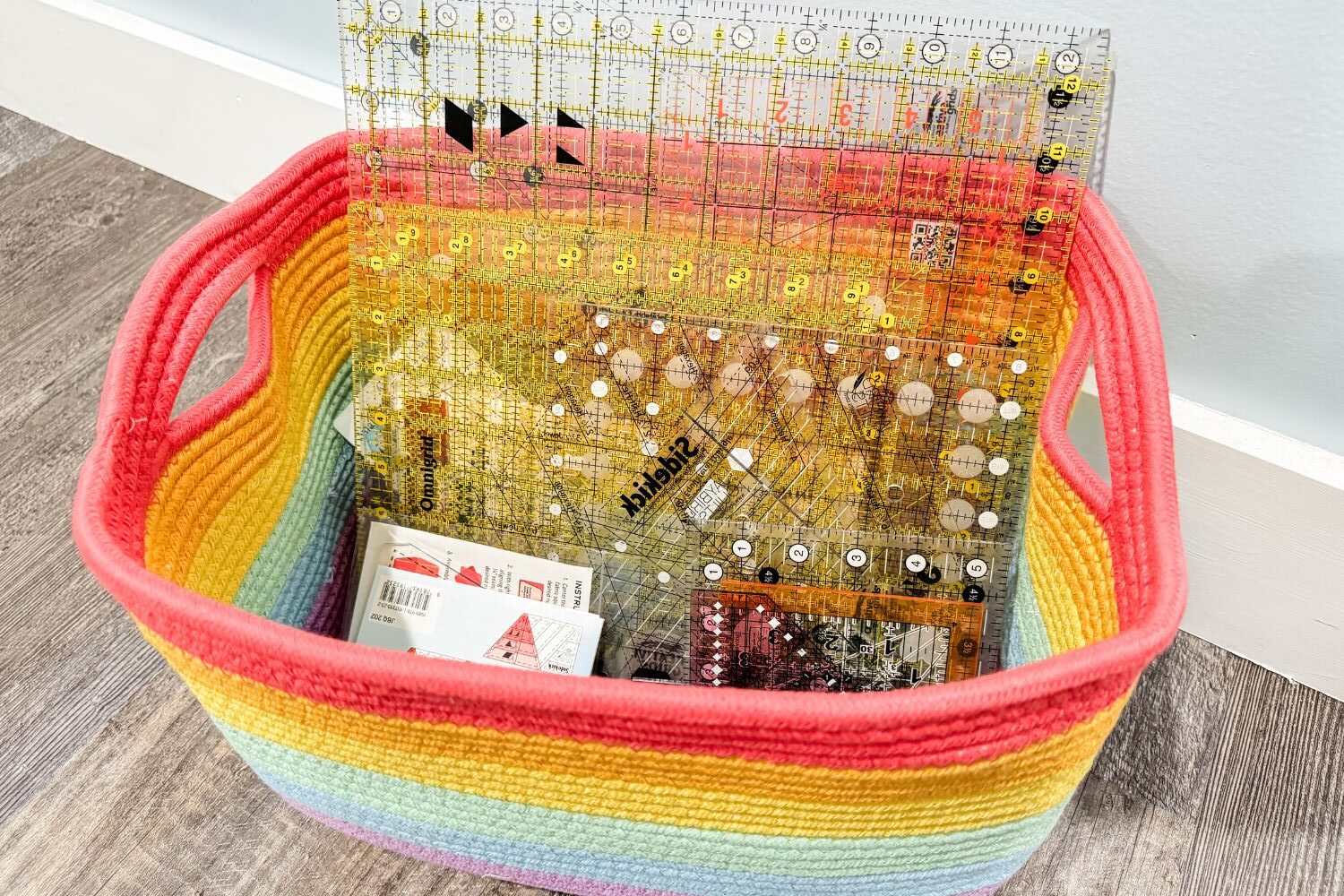 Storage basket for lesser used quilting ruler storage