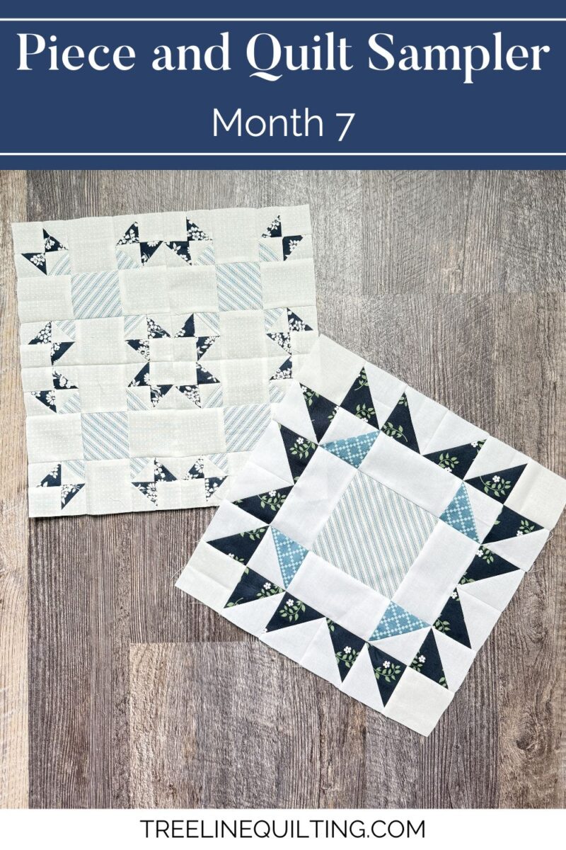 Cover image for the Piece and Quilt Sampler Quilt along month 7 with the Tulip Lady Fingers block and the Arizona quilt block