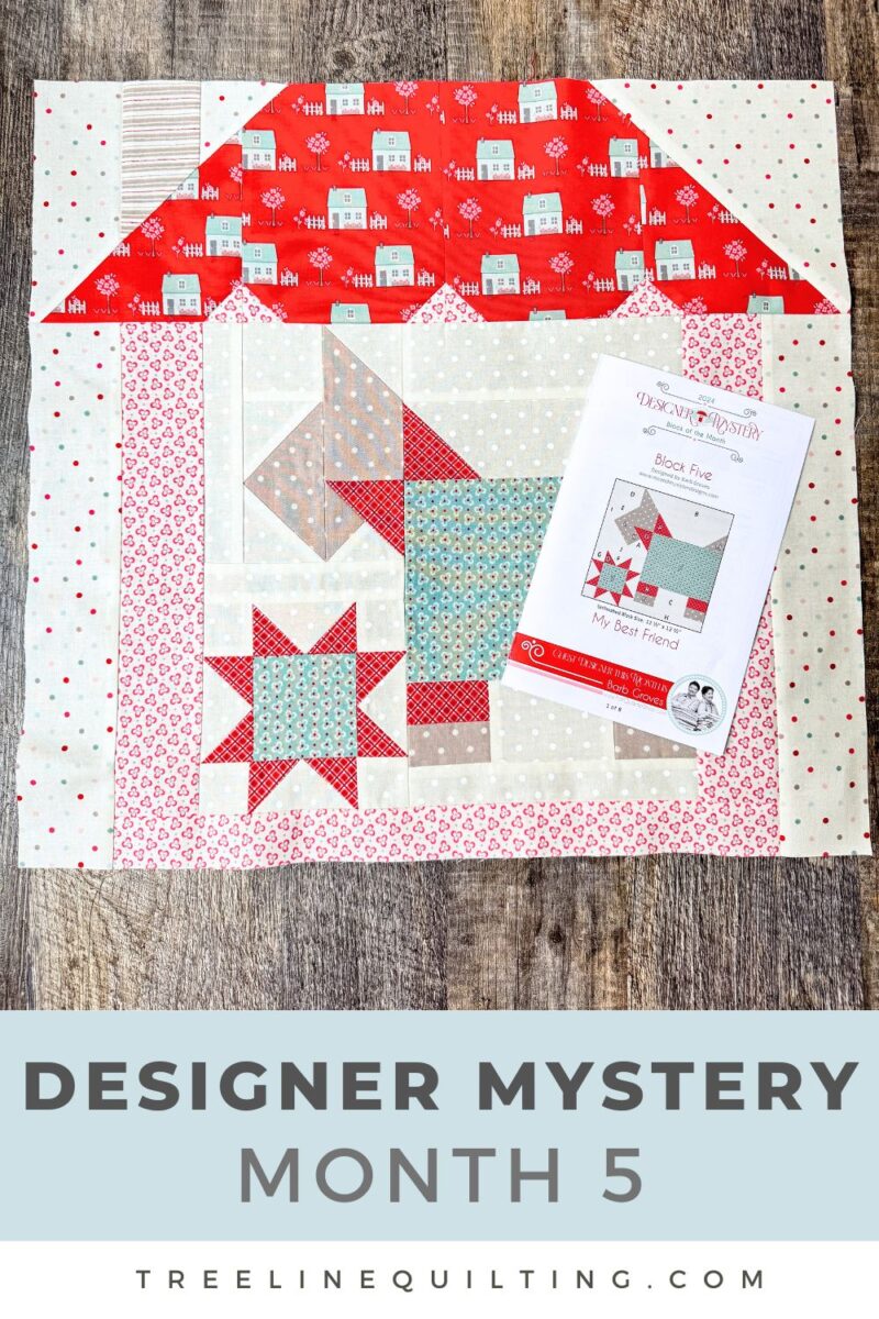 Completed 'My Best Friend' quilt block showing a charming Scottie dog design with a bow tie and star, pieced with warm blue and white My Summer House fabrics.