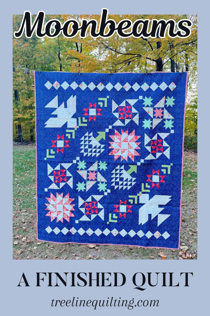 The completed Moonbeams Quilt, measuring 68.5" x 80.5", beautifully photographed to showcase its intricate patterns and bold quilting.