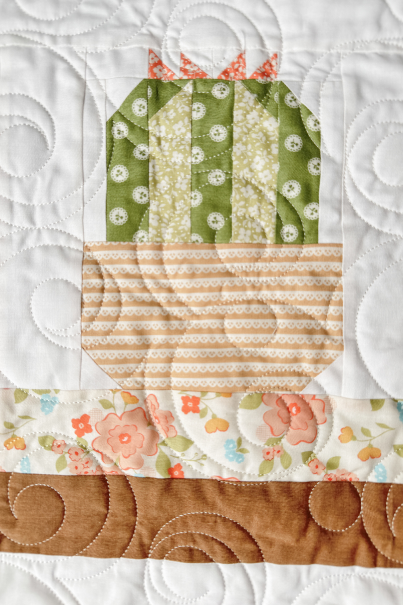 Close-up of a succulent plant block in a bookshelf quilt, made with pastel fabrics.
