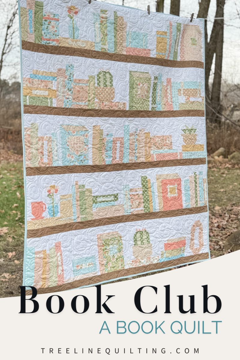 Fully finished bookshelf quilt hanging on a clothesline, with the blog post title overlay.