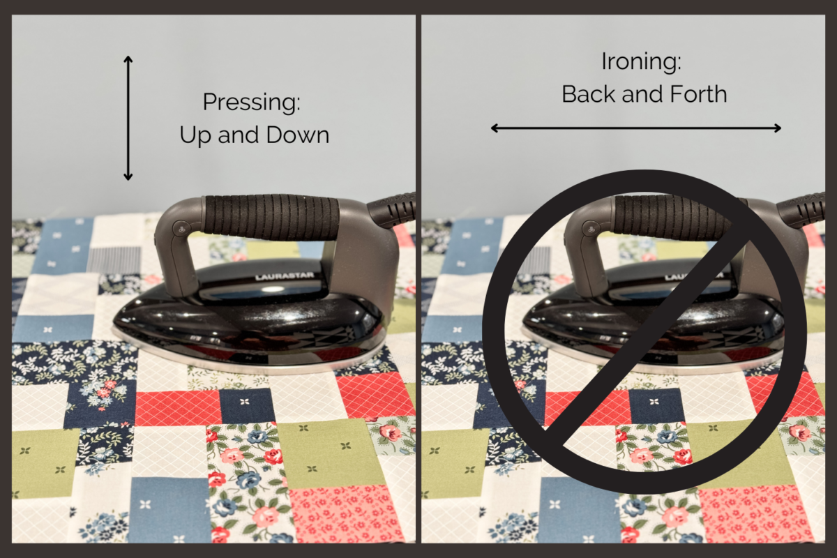 Side-by-side comparison of pressing vs. ironing in quilting, showing the difference in seam accuracy and fabric distortion.