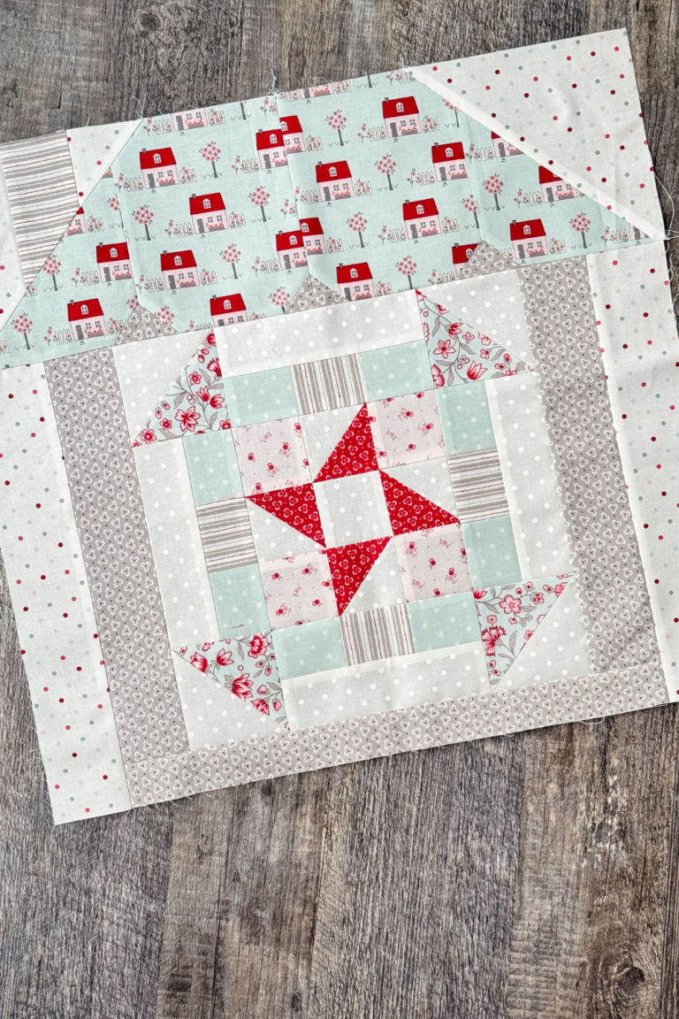 Welcome Home quilt block sewn into house setting as part of quilt top.