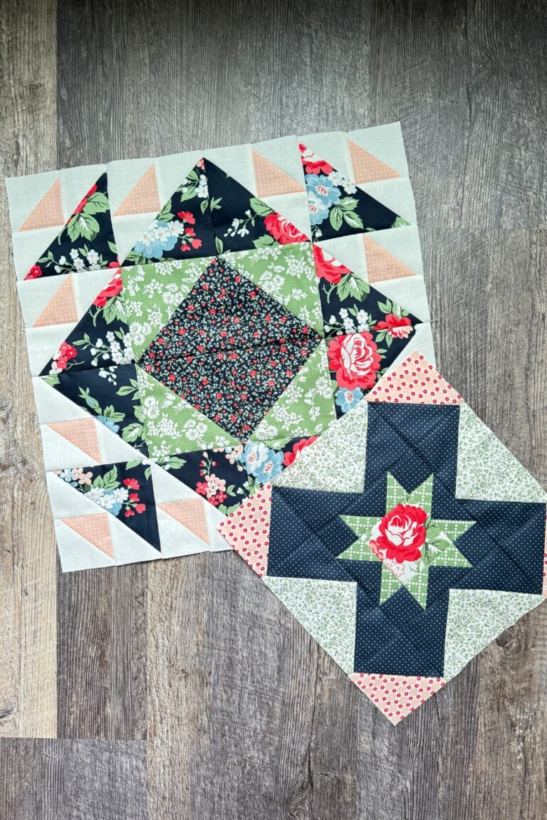Month 8 quilt blocks from the Piece and Quilt Sampler, including Eight Hands Around and Aircraft block assembly.