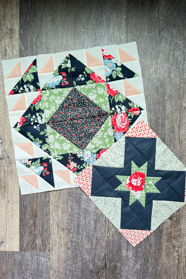 Month 8 quilt blocks from the Piece and Quilt Sampler, including Eight Hands Around and Aircraft block assembly.