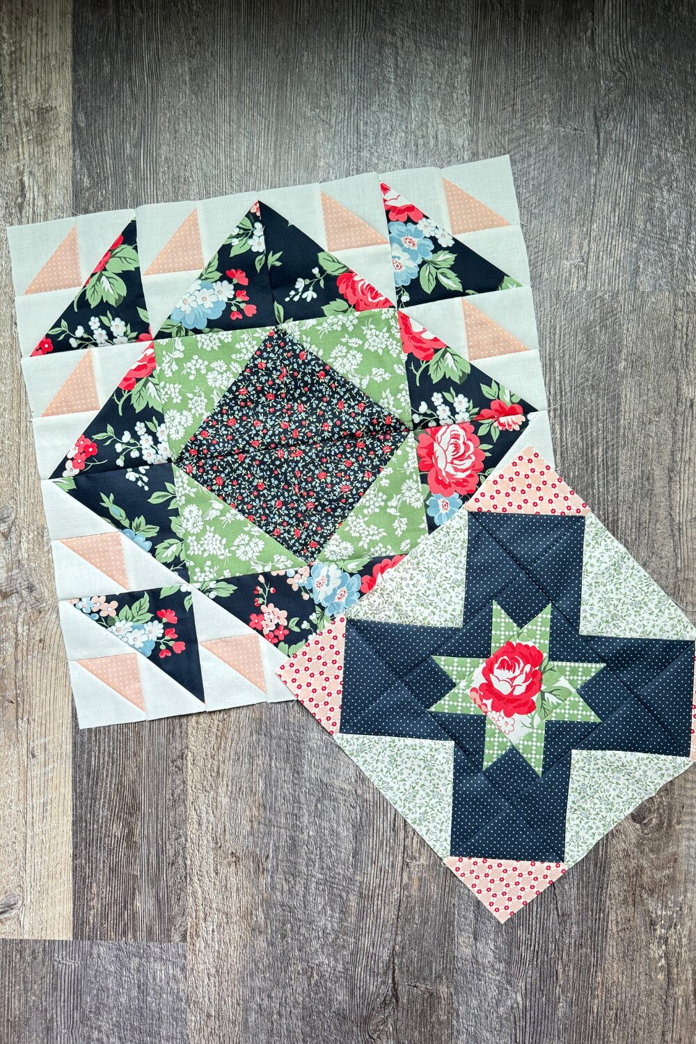Month 8 quilt blocks from the Piece and Quilt Sampler, including Eight Hands Around and Aircraft block assembly.