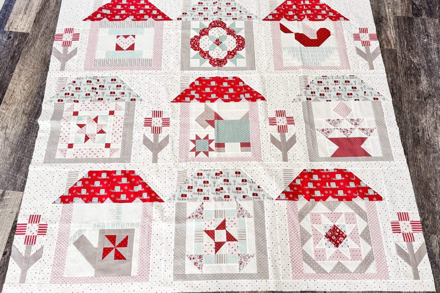 First 3 rows completed of the Designer Mastery 2025 quilt with Blocks 1-9