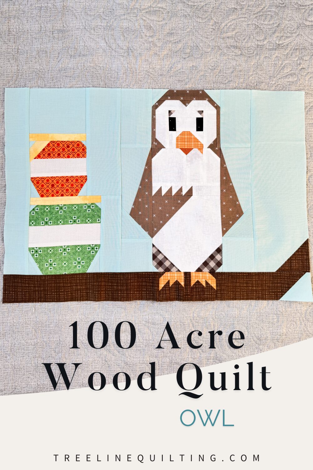 Owl quilt block for month four of the 100 Acre Wood Quilt Along, with Owl on a branch next to hunny pots.