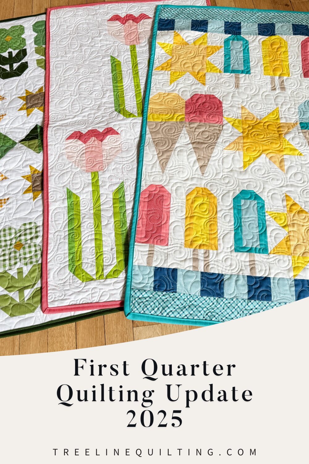 Three seasonal door banners used as a header image with text overlay: First Quarter Quilting Update 2025.