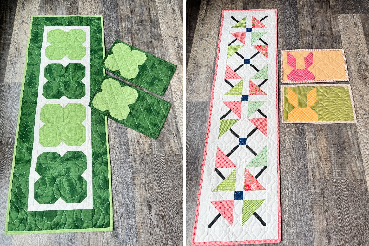March and April Creators Club snack mats and table runners with St. Patrick’s Day greens and Easter pastels.