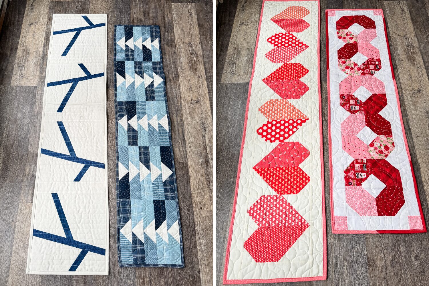 Quilted table runners made from blue winter-themed scraps and Valentine’s Day fabrics for January and February Creators Club projects.