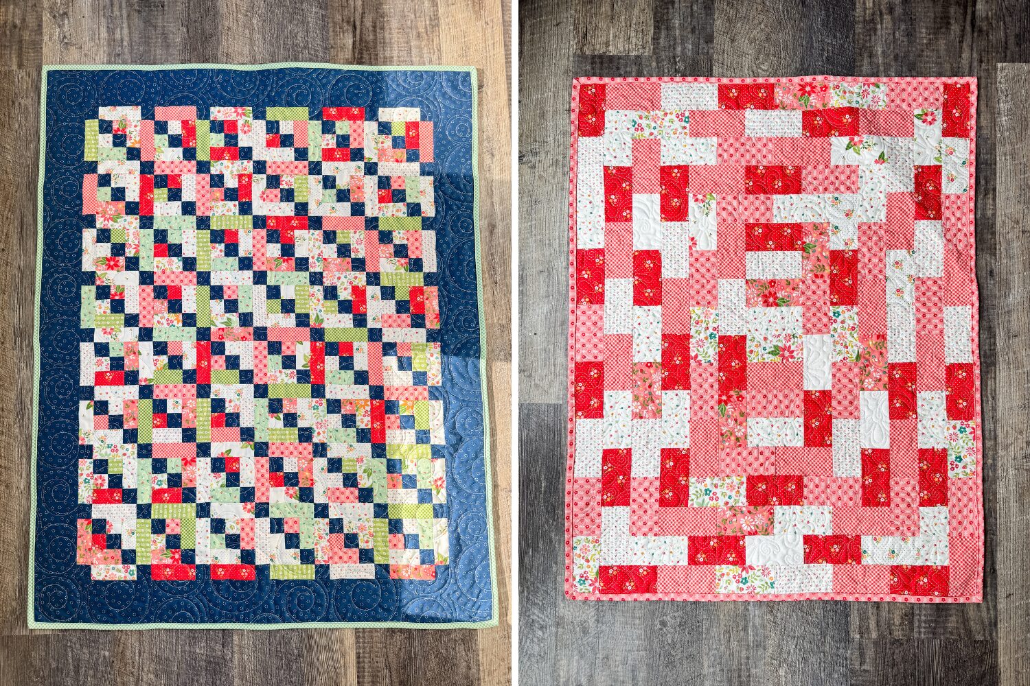 Side-by-side scrap quilts made from Moonbeams leftovers: a floral lap quilt and a pink baby quilt.