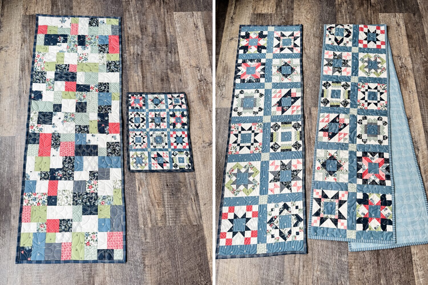 Mini quilt, Mini Brick Road quilt, and two table runners made from 3” and 6” blocks using scraps from the Designer Mystery 2023 quilt along.