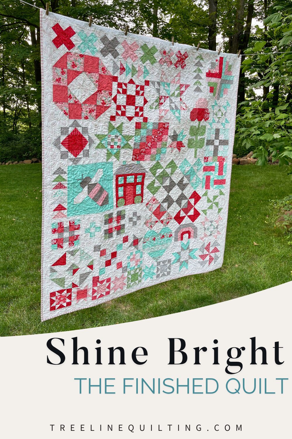 Finished Shine Bright quilt with text overlay reading “Shine Bright: The Finished Quilt” on top of the quilt design.